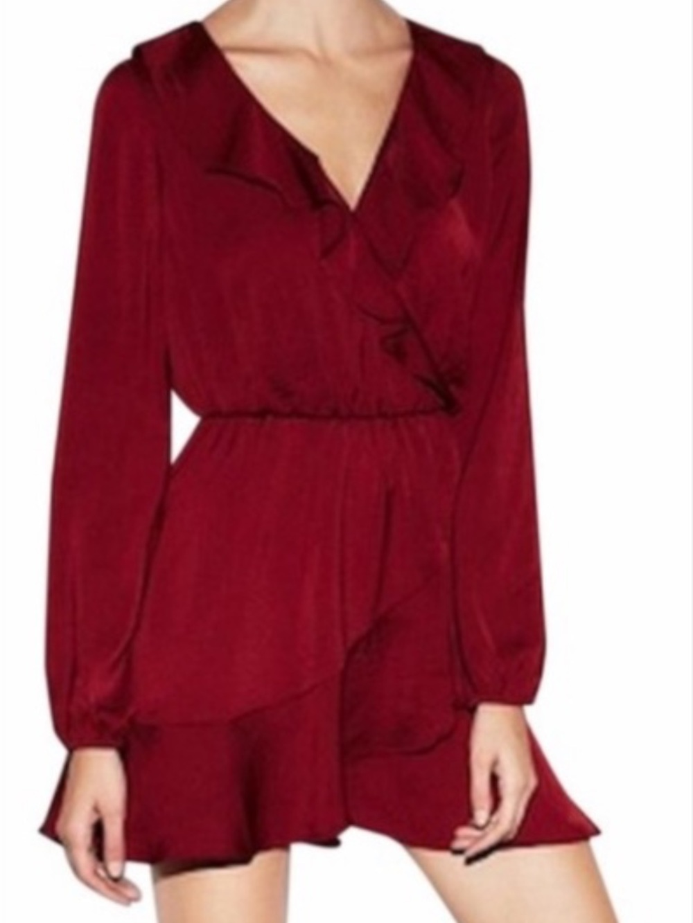 Express Burgundy Ruffle Long-Sleeve Mini Dress